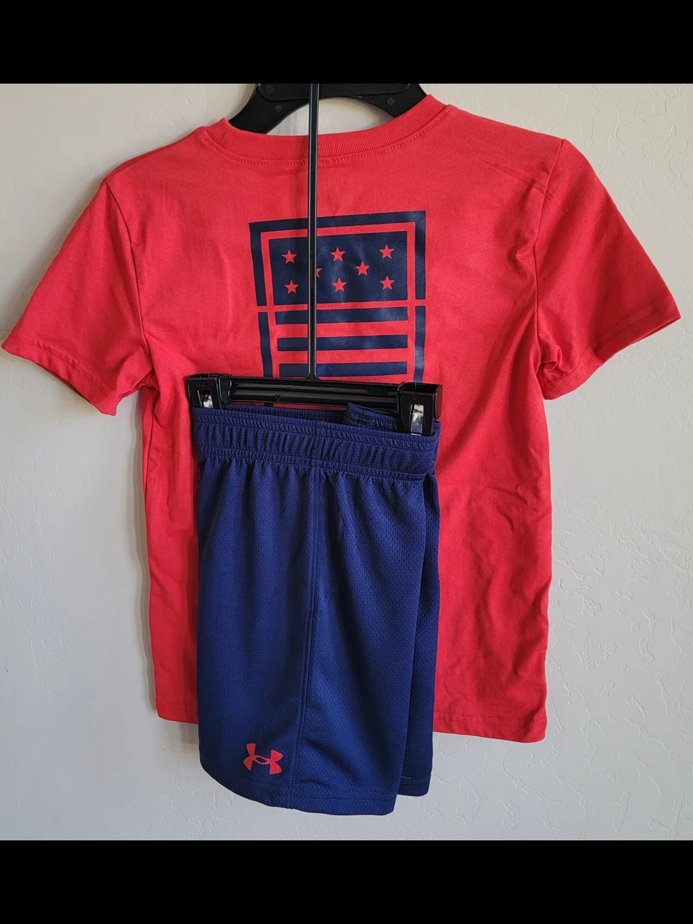 Under Armour Kids Red Short-Sleeve Logo Tee with Navy Accent and Shorts